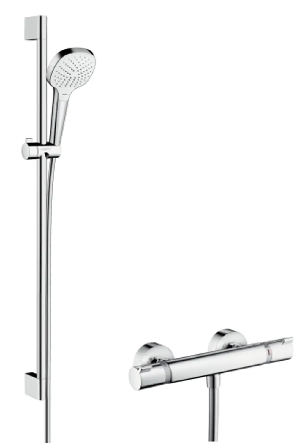Brausesystem mit Handbrause, Brausestange und Thermostat von Hansgrohe. Chromoberfläche, montiert an der Wand, bietet eine Funktion zur Temperaturregelung.